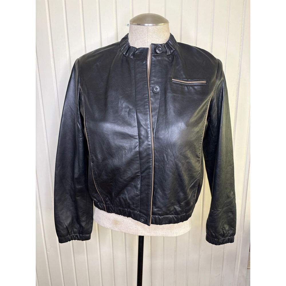 J.Crew Women Black Leather Bomber Jacket Brown Trim Size 14 RN77388